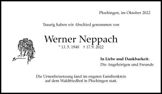 Traueranzeige von Werner Neppach von Eßlinger Zeitung/Cannstatter Zeitung