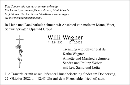 Traueranzeige von Willi Wagner von Eßlinger Zeitung/Cannstatter Zeitung