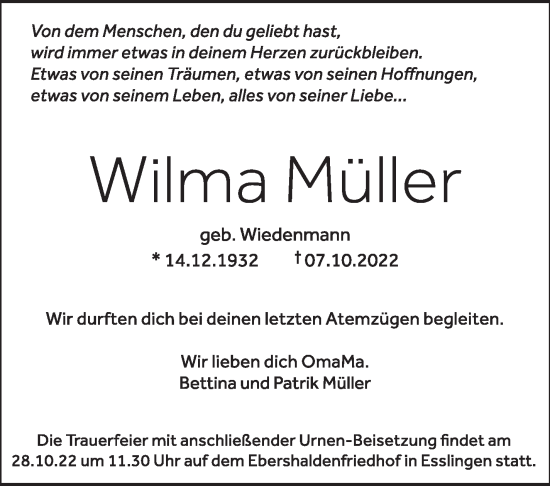 Traueranzeige von Wilma Müller von Eßlinger Zeitung/Cannstatter Zeitung