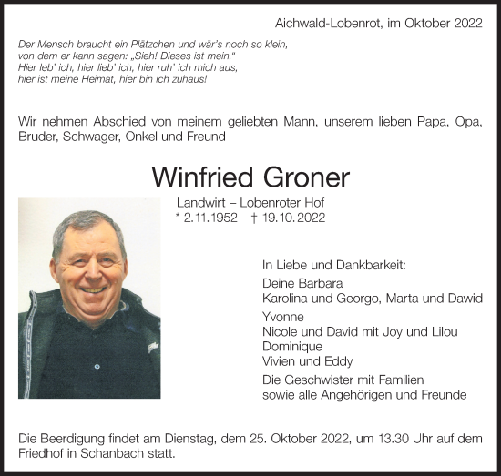 Traueranzeige von Winfried Groner von Eßlinger Zeitung/Cannstatter Zeitung