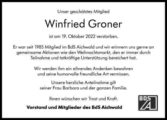 Traueranzeige von Winfried Groner von Eßlinger Zeitung/Cannstatter Zeitung