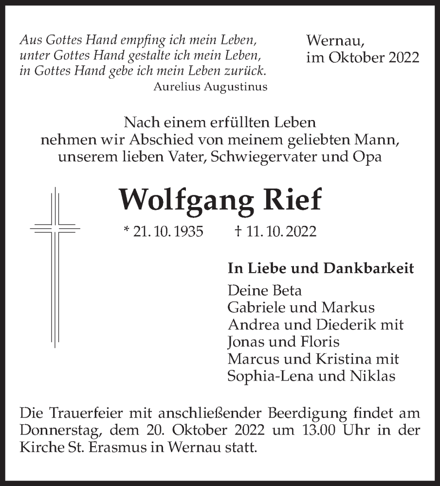 Traueranzeige für Wolfgang Rief vom 15.10.2022 aus Eßlinger Zeitung/Cannstatter Zeitung