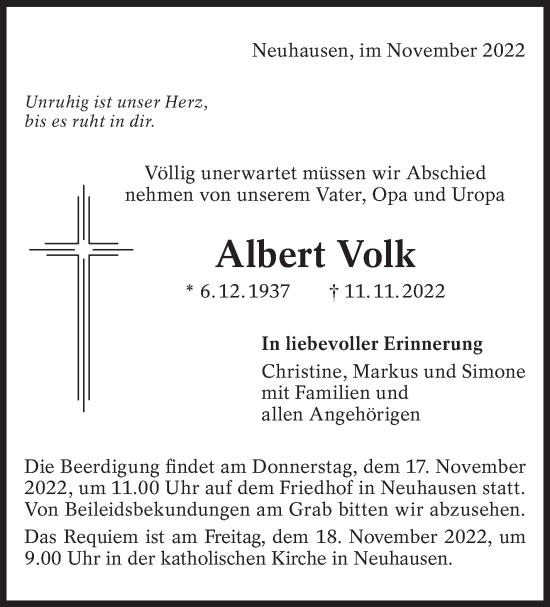 Traueranzeige von Albert Volk von Eßlinger Zeitung/Cannstatter Zeitung