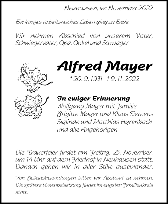 Traueranzeige von Alfred Mayer von Eßlinger Zeitung/Cannstatter Zeitung