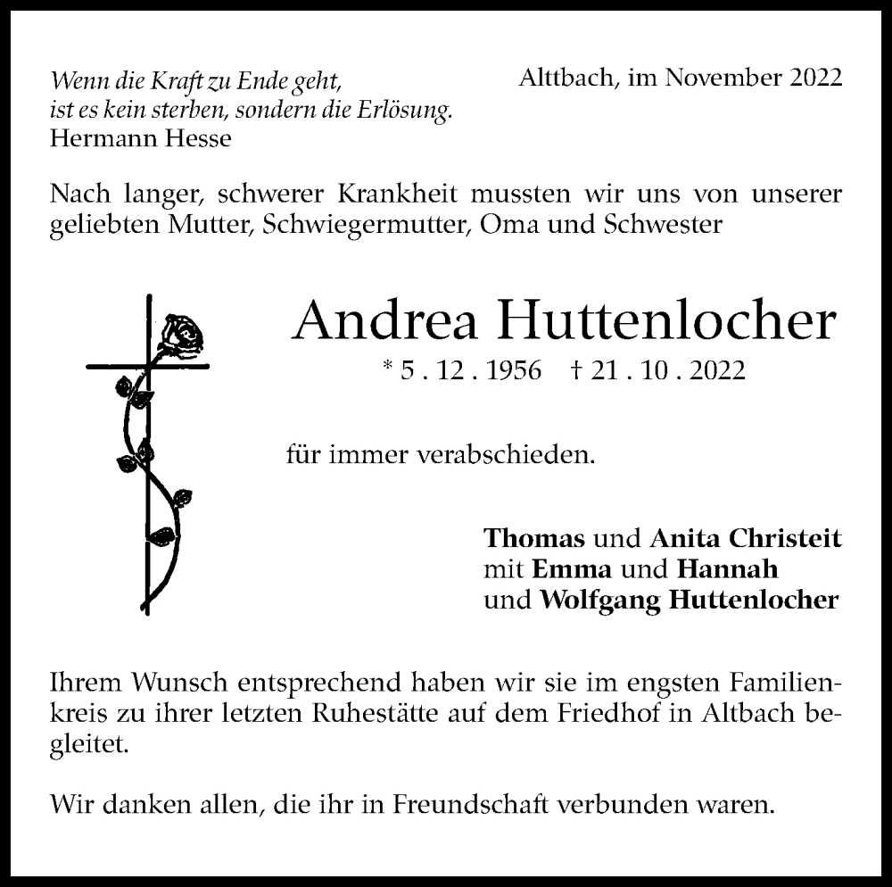  Traueranzeige für Andrea Huttenlocher vom 26.11.2022 aus Eßlinger Zeitung/Cannstatter Zeitung