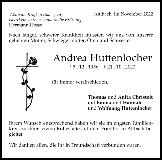 Traueranzeige von Andrea Huttenlocher von Eßlinger Zeitung/Cannstatter Zeitung
