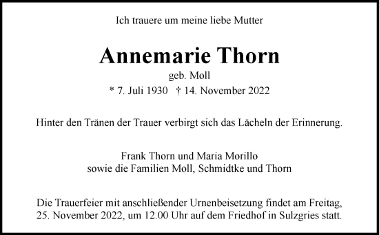 Traueranzeige von Annemarie Thorn von Eßlinger Zeitung/Cannstatter Zeitung