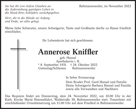 Traueranzeige von Annerose Kniffler von Eßlinger Zeitung/Cannstatter Zeitung