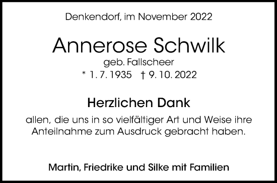 Traueranzeige von Annerose Schwilk von Eßlinger Zeitung/Cannstatter Zeitung