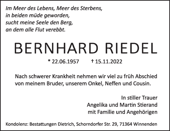 Traueranzeige von Bernhard Riedel von Eßlinger Zeitung/Cannstatter Zeitung