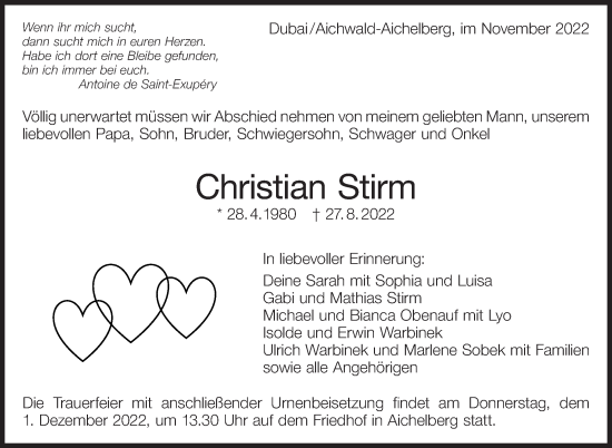 Traueranzeige von Christian Stirm von Eßlinger Zeitung/Cannstatter Zeitung
