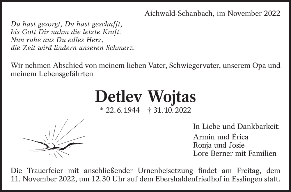  Traueranzeige für Detlev Wojtas vom 05.11.2022 aus Eßlinger Zeitung/Cannstatter Zeitung