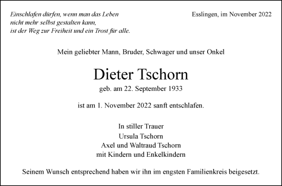 Traueranzeige von Dieter Tschorn von Eßlinger Zeitung/Cannstatter Zeitung