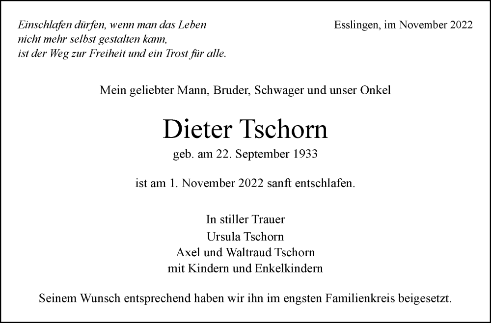  Traueranzeige für Dieter Tschorn vom 17.11.2022 aus Eßlinger Zeitung/Cannstatter Zeitung