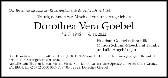 Traueranzeige von Dorothea Vera Goebel von Eßlinger Zeitung/Cannstatter Zeitung