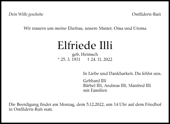 Traueranzeige von Elfriede Illi von Eßlinger Zeitung/Cannstatter Zeitung