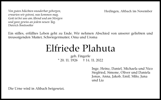 Traueranzeige von Elfriede Plahuta von Eßlinger Zeitung/Cannstatter Zeitung