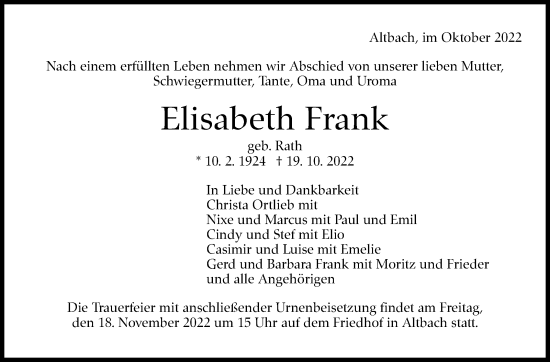 Traueranzeige von Elisabeth Frank von Eßlinger Zeitung/Cannstatter Zeitung