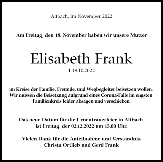 Traueranzeige von Elisabeth Frank von Eßlinger Zeitung/Cannstatter Zeitung