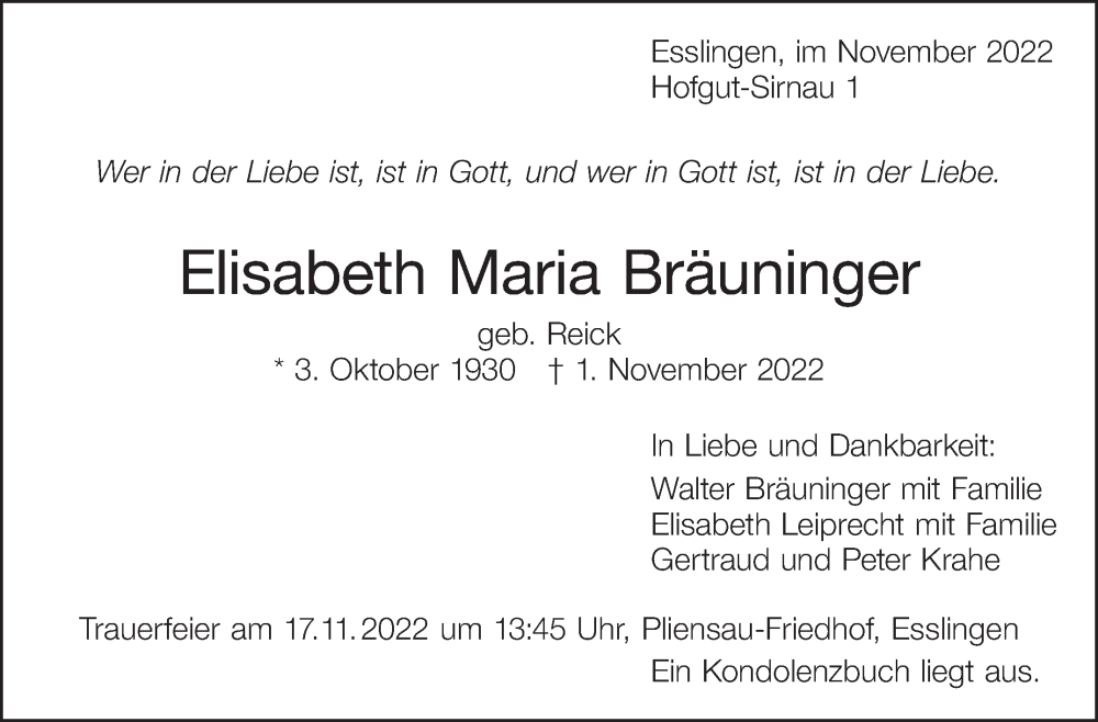  Traueranzeige für Elisabeth Maria Bräuninger vom 12.11.2022 aus Eßlinger Zeitung/Cannstatter Zeitung