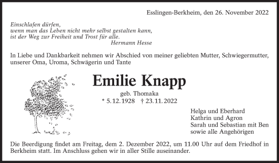 Traueranzeige von Emilie Knapp von Eßlinger Zeitung/Cannstatter Zeitung