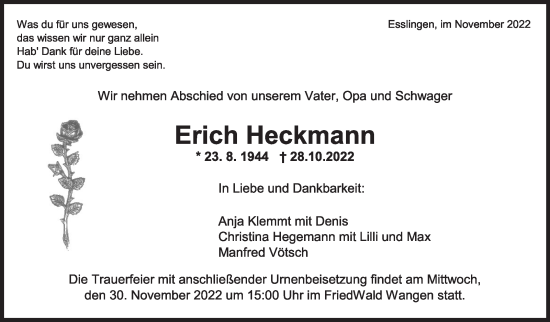Traueranzeige von Erich Heckmann von Eßlinger Zeitung/Cannstatter Zeitung