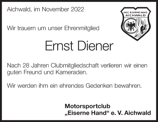 Traueranzeige von Ernst Diener von Eßlinger Zeitung/Cannstatter Zeitung