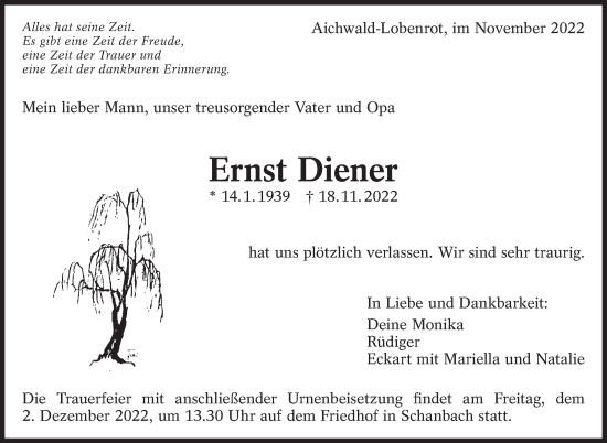 Traueranzeige von Ernst Diener von Eßlinger Zeitung/Cannstatter Zeitung
