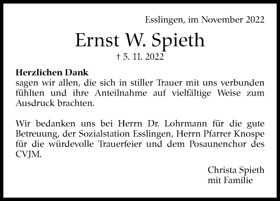 Traueranzeige von Ernst W. Spieth von Eßlinger Zeitung/Cannstatter Zeitung