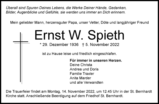 Traueranzeige von Ernst W. Spieth von Eßlinger Zeitung/Cannstatter Zeitung