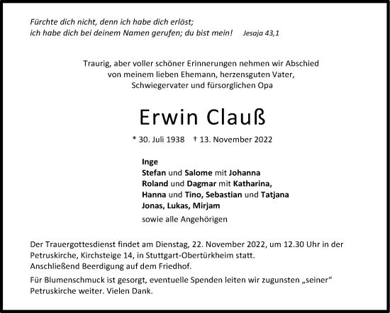 Traueranzeige von Erwin Clauß von Eßlinger Zeitung/Cannstatter Zeitung