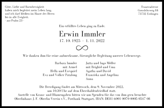 Traueranzeige von Erwin Immler von Eßlinger Zeitung/Cannstatter Zeitung