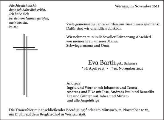Traueranzeige von Eva Barth von Eßlinger Zeitung/Cannstatter Zeitung