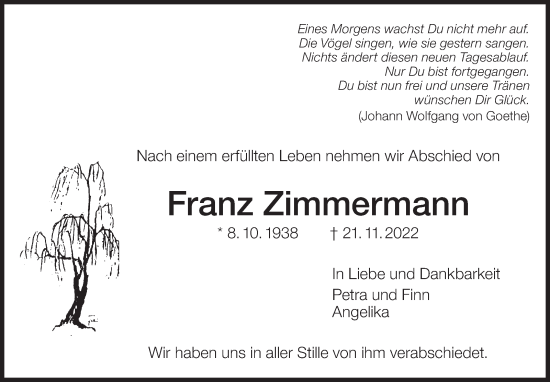 Traueranzeige von Franz Zimmermann von Eßlinger Zeitung/Cannstatter Zeitung