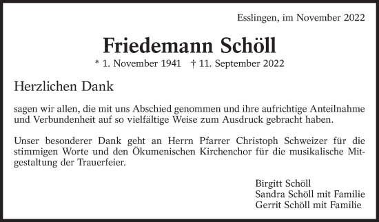 Traueranzeige von Friedemann Schöll von Eßlinger Zeitung/Cannstatter Zeitung