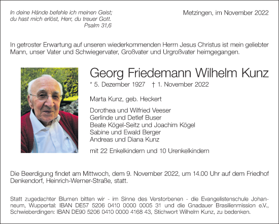 Traueranzeige von Georg Friedemann Wilhelm Kunz von Eßlinger Zeitung/Cannstatter Zeitung