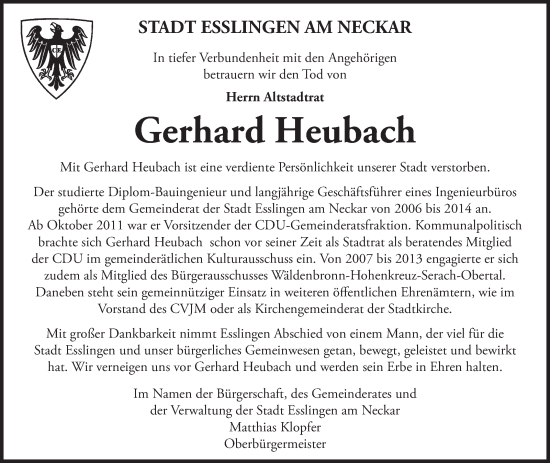 Traueranzeige von Gerhard Heubach von Eßlinger Zeitung/Cannstatter Zeitung