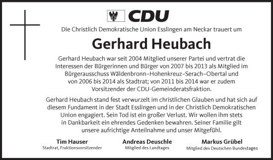 Traueranzeige von Gerhard Heubach von Eßlinger Zeitung/Cannstatter Zeitung