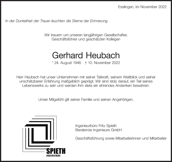Traueranzeige von Gerhard Heubach von Eßlinger Zeitung/Cannstatter Zeitung