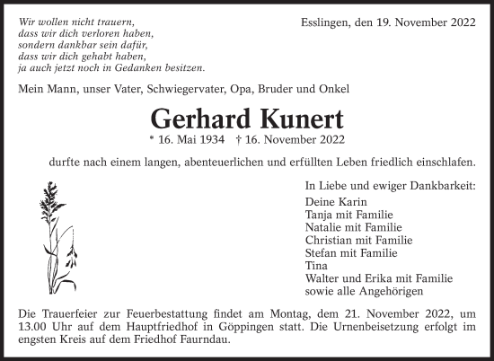 Traueranzeige von Gerhard Kunert von Eßlinger Zeitung/Cannstatter Zeitung