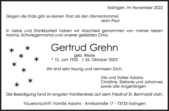 Traueranzeige von Gertrud Grehn von Eßlinger Zeitung/Cannstatter Zeitung