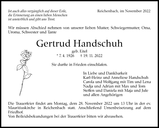 Traueranzeige von Gertrud Handschuh von Eßlinger Zeitung/Cannstatter Zeitung