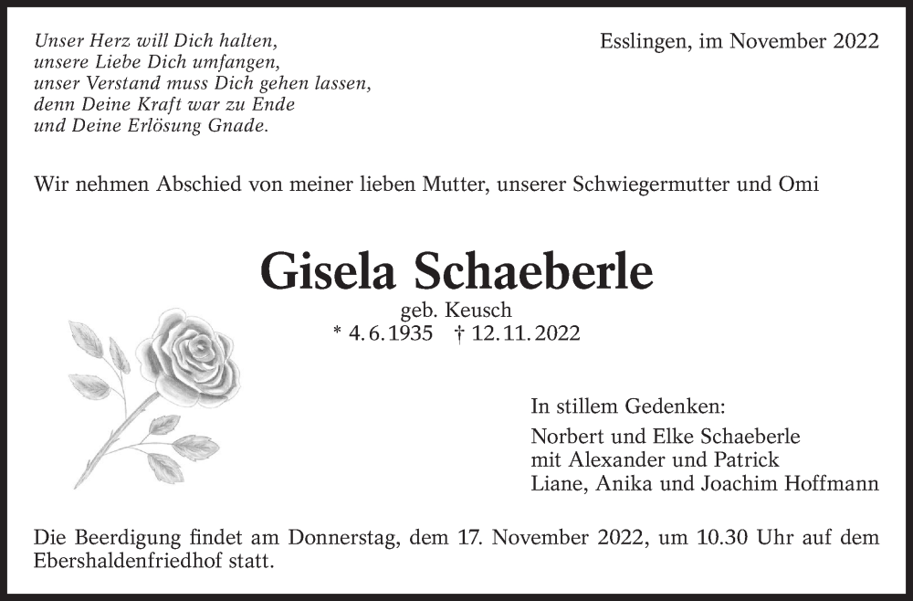  Traueranzeige für Gisela Schaeberle vom 15.11.2022 aus Eßlinger Zeitung/Cannstatter Zeitung
