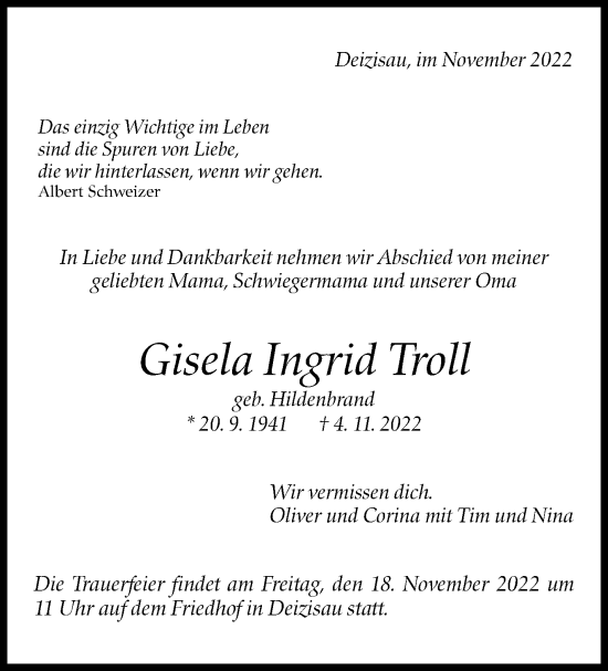 Traueranzeige von Gisela Ingrid Troll von Eßlinger Zeitung/Cannstatter Zeitung