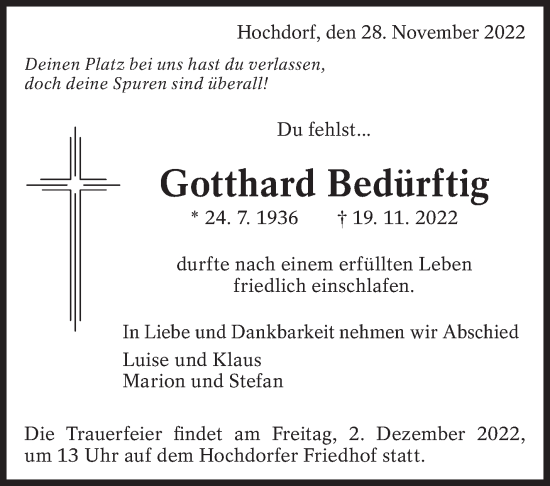 Traueranzeige von Gotthard Bedürftig von Eßlinger Zeitung/Cannstatter Zeitung