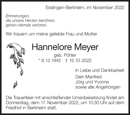 Traueranzeige von Hannelore Meyer von Eßlinger Zeitung/Cannstatter Zeitung
