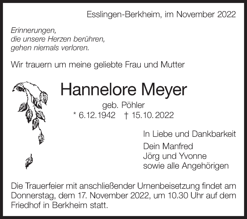  Traueranzeige für Hannelore Meyer vom 12.11.2022 aus Eßlinger Zeitung/Cannstatter Zeitung