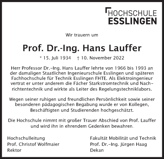 Traueranzeige von Hans Lauffer von Eßlinger Zeitung/Cannstatter Zeitung