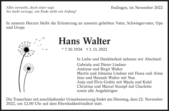 Traueranzeige von Hans Walter von Eßlinger Zeitung/Cannstatter Zeitung