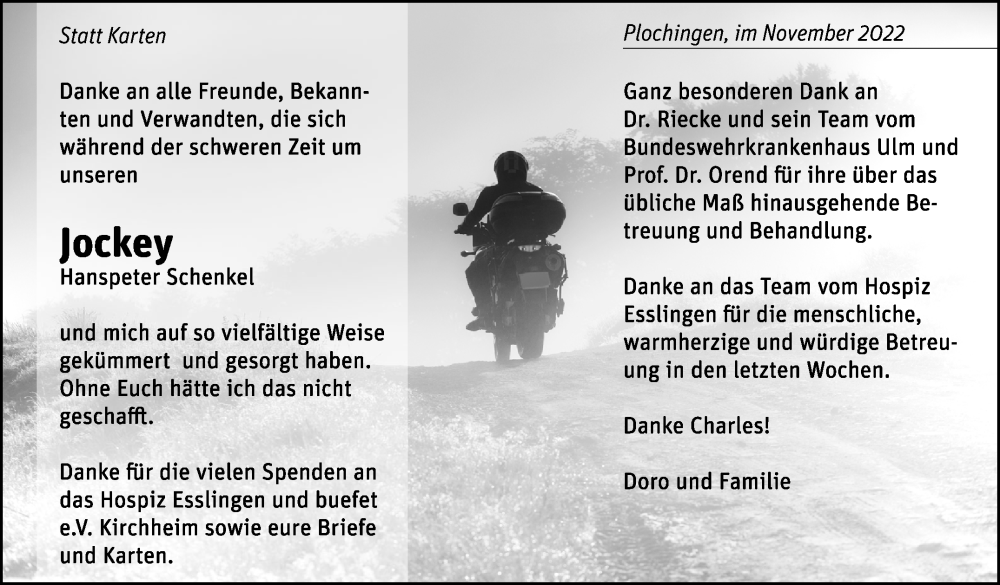 Traueranzeige für Hanspeter Schenkel vom 19.11.2022 aus Eßlinger Zeitung/Cannstatter Zeitung